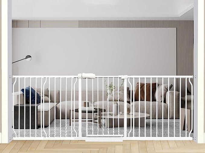 Heavy Duty Baby & Dog Safety Gate, Extra Wide 85.8-90.5 Inch,White Metal, Tension Mounted No Drilling Pet Gate for Large Openings - Image 1