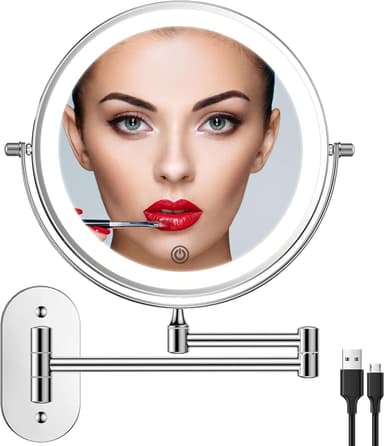 Rechargeable Wall Mounted Lighted Makeup Vanity Mirror 8 Inch Double Sided 1X 10X Magnifying Bathroom Mirror, 3 Color Lighting, Touch Screen Dimming, Extended Arm 360 Rotation Shaving Light up Mirror - Image 2