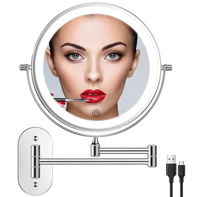 Rechargeable Wall Mounted Lighted Makeup Vanity Mirror 8 Inch Double Sided 1X 10X Magnifying Bathroom Mirror, 3 Color Lighting, Touch Screen Dimming, Extended Arm 360 Rotation Shaving Light up Mirror - Image 1
