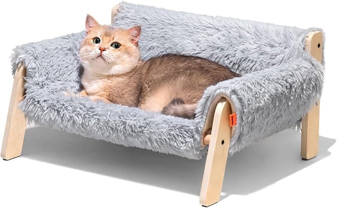 MEWOOFUN Cat Couch Bed, Pet Sofa for Indoor Cats Wooden Indoor Elevated Cat Beds with Removable Mattress Cover Suitable for Kitty, Puppy or Small Animal (Grey, Medium - Image 1