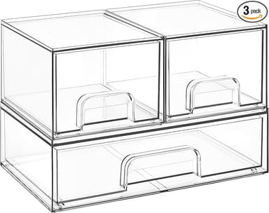 Vtopmart Stackable Storage Drawers Set of 3,Clear Plastic Organizer Bins for Makeup, Cosmetics, Beauty Supplies,Ideal for Vanity, Bathroom,Cabinet,Pantry Organization - Image 1