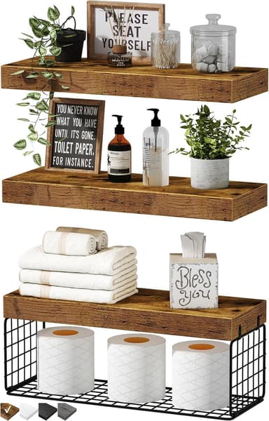 QEEIG Bathroom Shelves Over Toilet - Wall Mounted Floating Shelves Toilet Paper Storage Small Farmhouse Decor Shelf 16 inch Set of 3, Rustic Brown (019-BN3 - Image 2