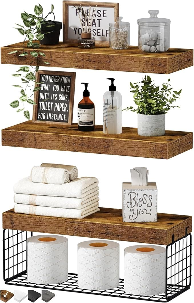 QEEIG Bathroom Shelves Over Toilet - Wall Mounted Floating Shelves Toilet Paper Storage Small Farmhouse Decor Shelf 16 inch Set of 3, Rustic Brown (019-BN3 - Image 1