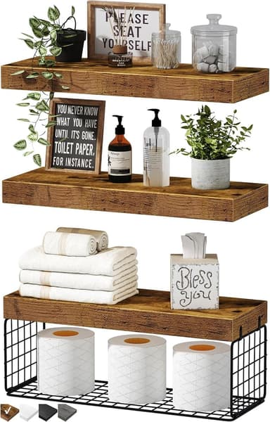 QEEIG Bathroom Shelves Over Toilet - Wall Mounted Floating Shelves Toilet Paper Storage Small Farmhouse Decor Shelf 16 inch Set of 3, Rustic Brown (019-BN3 - Image 1