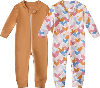 Owlivia Organic Cotton Baby Boy Girl Zip up Sleep N Play, Footless, Long Sleeve(6-12 Months, Colorful Heart & Camel) - Image 1