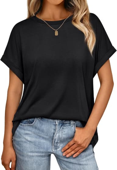 AUTOMET Women's Oversized Short Sleeve T-Shirt, Casual Drop Shoulder Top with Roll-Up Cuff Sleeves for Summer - Image 2