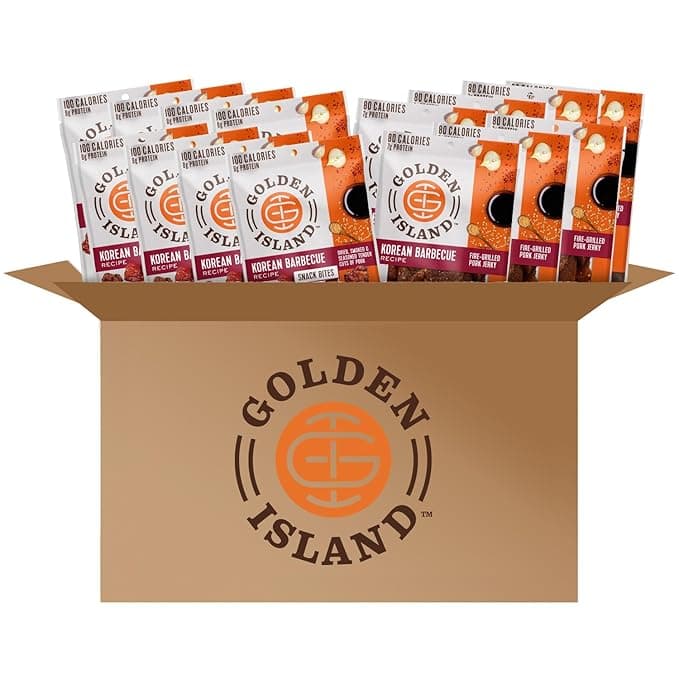 Golden Island Pork Jerky Korean BBQ Variety Pack, Great Stocking Stuffers, Gluten Free with Korean Barbecue Seasoning, 100 & 80 Calories Pork Protein Snacks, (8) 1.25oz Snack Bite & (7) 1oz Jerky Bags - Image 1