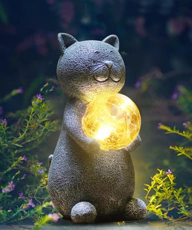 Solar Cat Statue Garden Decor - Cat Lover Gifts, with Gazing Solar LED Lights Ball Cats Decoration for Garden Yard Patio Lawn Balcony - Gifts for Mom Grandma (Gray - Image 2