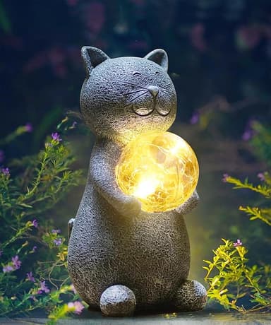 Solar Cat Statue Garden Decor - Cat Lover Gifts, with Gazing Solar LED Lights Ball Cats Decoration for Garden Yard Patio Lawn Balcony - Gifts for Mom Grandma (Gray - Image 1