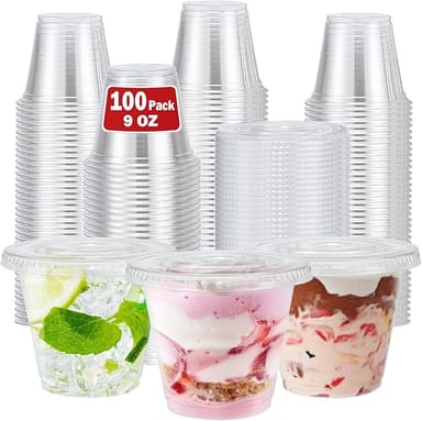 100 Pack 9 oz Clear Plastic Cups with Lids, Disposable Dessert Cup, Fruit Cup, Clear PET Cups for Cake, Cold Drink, Ice Cream, Salad - Image 1