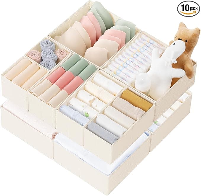 Criusia Drawer Organizer Clothes, 10 Pack Dresser Organizer for Baby Clothes, Underwear, Sock- Foldable Closet Organization and Storage Dividers Bins for Nursery, Bedroom (Beige - Image 1