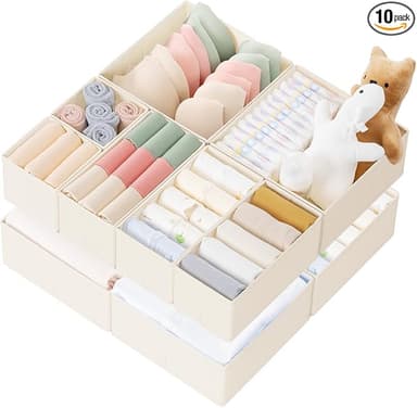 Criusia Drawer Organizer Clothes, 10 Pack Dresser Organizer for Baby Clothes, Underwear, Sock- Foldable Closet Organization and Storage Dividers Bins for Nursery, Bedroom (Beige - Image 1