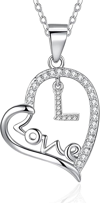ITS4YEO 925 Sterling Silver Love Heart Pendant Initial Necklaces Silver Necklace Zircon Pendant Necklaces for Women Jewelry Gift for Women Wifes Her Valentines Gift(L - Image 1
