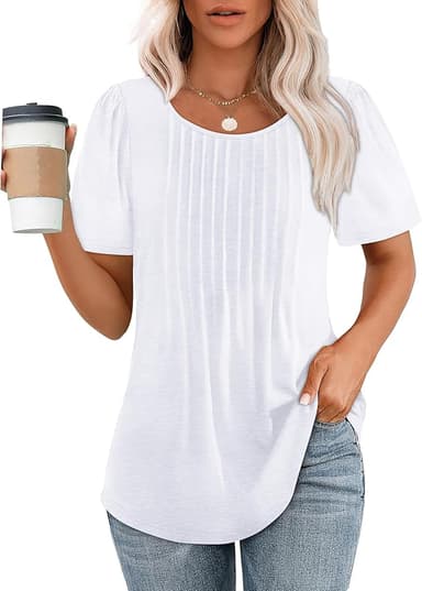 OFEEFAN Womens T Shirts Short Sleeve Pleated Dressy Casual Scooped Neck Summer Tops Blouses - Image 1