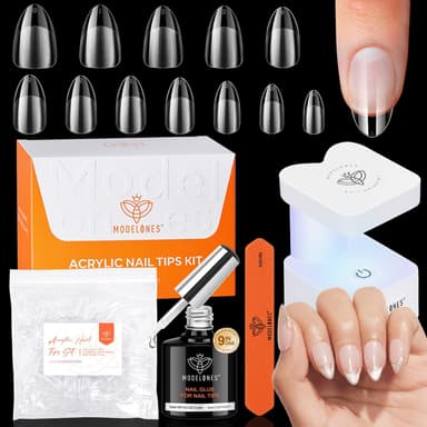 modelones Short Almond Gel Nail Tips Kit, 9-in-One Nail Glue with Portable U V Lamp 216Pcs 12Sizes Pre-Etched Press ons Fake Acrylic Extension Kit DIY Salon Gift for Women - Image 2
