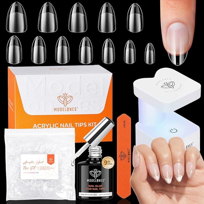 modelones Short Almond Gel Nail Tips Kit, 9-in-One Nail Glue with Portable U V Lamp 216Pcs 12Sizes Pre-Etched Press ons Fake Acrylic Extension Kit DIY Salon Gift for Women - Image 1