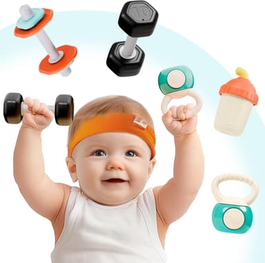 iPlay, iLearn Baby First Gym Rattle Set, Infant Dumbbell Weights Teething Rattles 3-6-12 Month, Newborn Workout Sensory Stroller Toy, Babies Birthday Shower Gift 5 7 8 9 10 Month Toddler Boy Girl-4PCS - Image 2