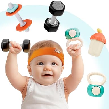iPlay, iLearn Baby First Gym Rattle Set, Infant Dumbbell Weights Teething Rattles 3-6-12 Month, Newborn Workout Sensory Stroller Toy, Babies Birthday Shower Gift 5 7 8 9 10 Month Toddler Boy Girl-4PCS - Image 1
