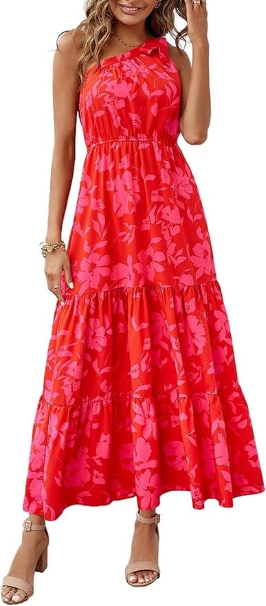 PRETTYGARDEN Women's Summer Floral One Shoulder Maxi Dress Knot Ruffle Boho Beach Vacation Wedding Guest Long Sun Dresses - Image 1