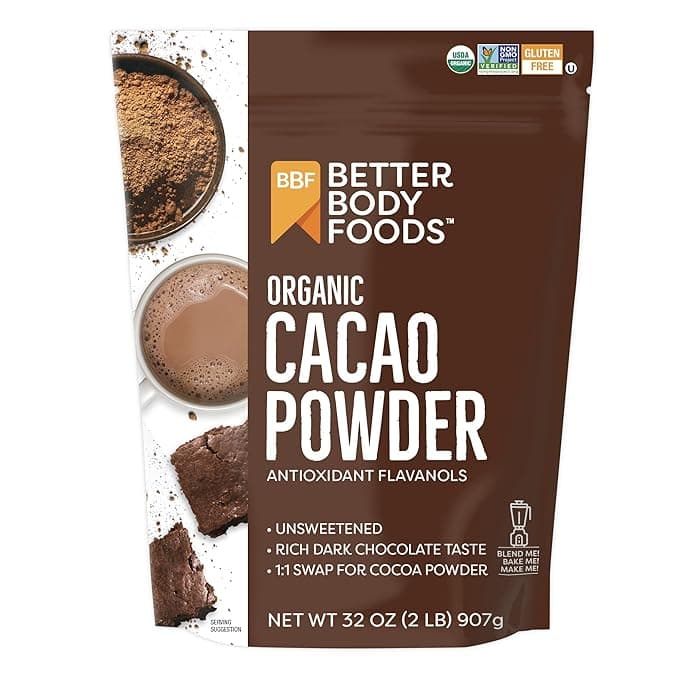 BetterBody Foods Organic Cacao Powder, Unsweetened, Rich Chocolate Flavor, Non-GMO, Gluten-Free, 32 Ounce, 2 lb bag - Image 1