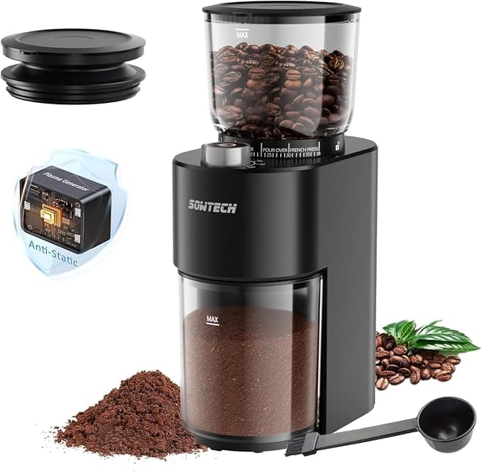 SOWTECH Anti-static Conical Burr Coffee Grinder, Adjustable Electric Mill, 38 Precise Grind Settings, Precision Timer, for Espresso, Drip and French Press, Black - Image 1