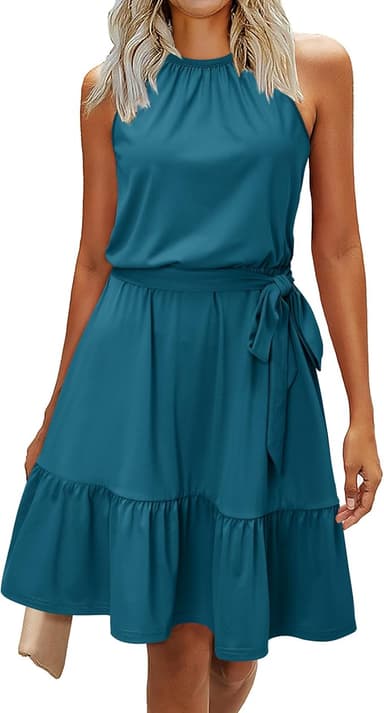 Newshows Womens 2025 Summer Dress Halter Wedding Guest Casual Beach Vacation Outfits Belted Sundresses with Pockets - Image 1