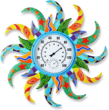 Large Blue Sun Outdoor Thermometer & Hygrometer Combo, 25'' Indoor Outdoor Wall-Mounted Thermometer Gauge, Decorative Indoor Outside Temperature Thermometer for Patio, Garden, Living Room,Kitchen - Image 2