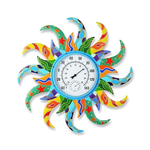 Large Blue Sun Outdoor Thermometer & Hygrometer Combo, 25'' Indoor Outdoor Wall-Mounted Thermometer Gauge, Decorative Indoor Outside Temperature Thermometer for Patio, Garden, Living Room,Kitchen - Image 1
