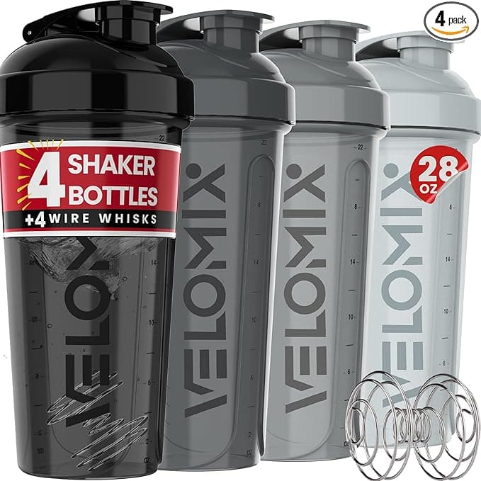 VELOMIX -4 Pack- 28 oz Protein Shaker Bottles for Protein Mixes - 4x Wire Whisk | Leak Proof Shaker Cups for Protein Shakes | Protein Shaker Bottle Pack (Silver Mix - Image 1