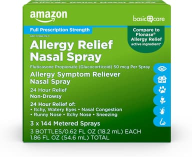 Amazon Basic Care 24-Hour Allergy Relief Nasal Spray, Fluticasone Propionate (Glucocorticoid) 50 mcg, Full Prescription Strength, Non-Drowsy, 0.62 fl oz (Pack of 3 - Image 2