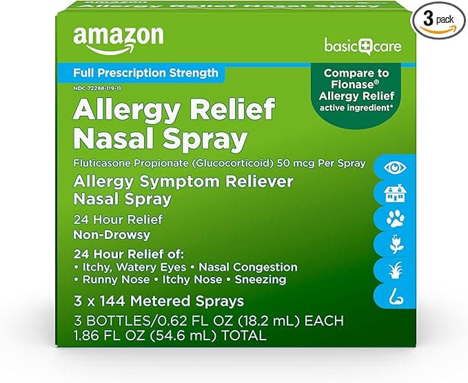 Amazon Basic Care 24-Hour Allergy Relief Nasal Spray, Fluticasone Propionate (Glucocorticoid) 50 mcg, Full Prescription Strength, Non-Drowsy, 0.62 fl oz (Pack of 3 - Image 1