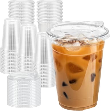 16 oz 100 Pack Clear Plastic Cups with Lids, Sturdy Iced Coffee Cups with Sip Lids, Disposable Food Safe Smoothie Cup for Cold Drinks, Juice, Milkshake - Image 2