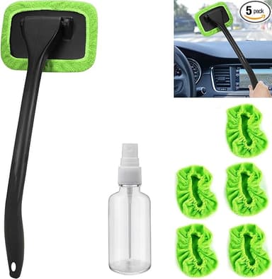desin Car Windshield Cleaning Tool, Windshield Cleaner with 5 Washable and Reusable Microfiber Pads and Extendable Handle, for Auto Glass Wiper (Green - Image 1