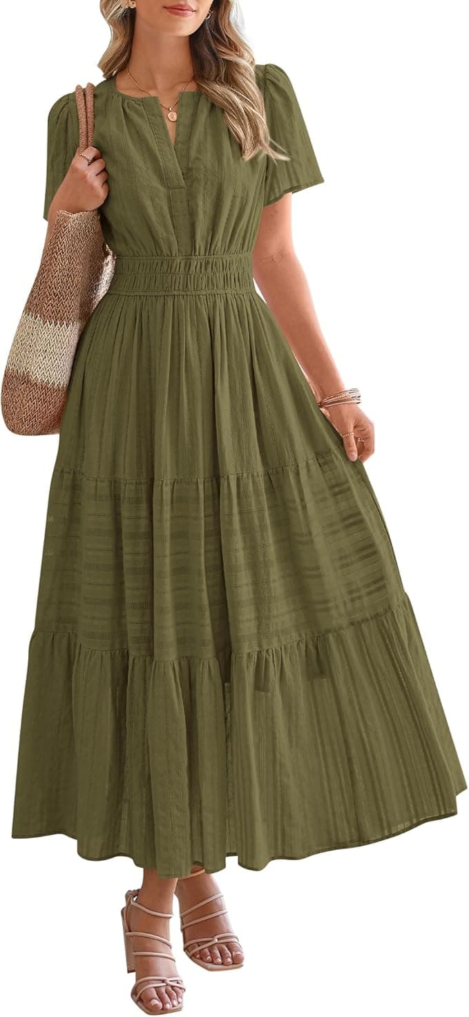 BTFBM Womens Summer 2025 Casual Midi Maxi Dresses Lightweight Short Sleeve V Neck Elastic Waist Boho Beach Dress Pockets - Image 1