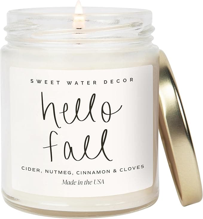 Sweet Water Decor Hello Fall Candle - Cinnamon Apples & Clove Autumn Fall Scented Candle for Home Decor - 100% Cotton Wick Soy Wax Candles with 40 Hour Burn Time - Made in The USA - 9oz Clear Jar - Image 1