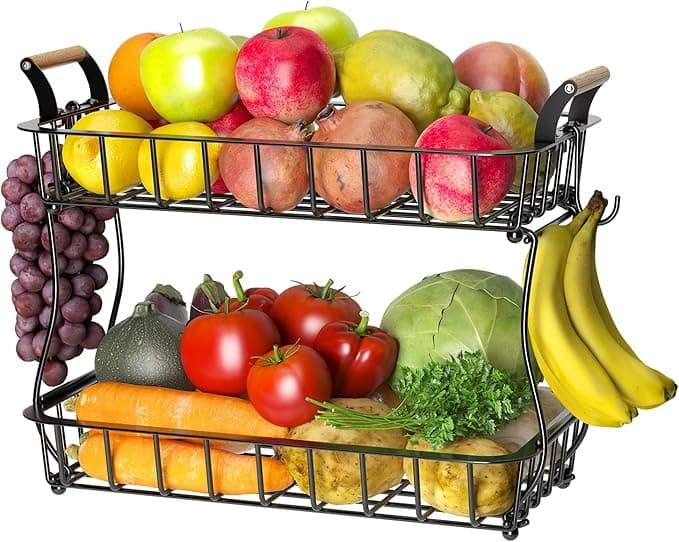 2-Tier Countertop Fruit Basket Bowl Storage with Two Banana Hangers and Wooden Handles, Black - Image 1