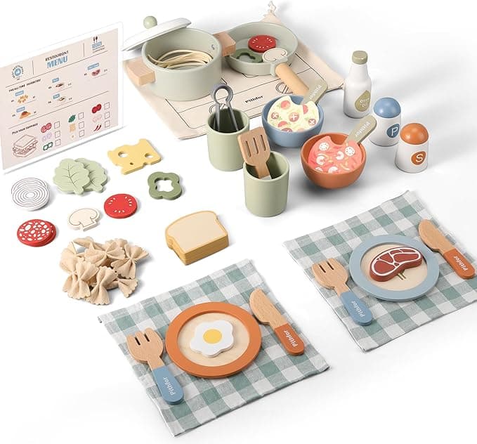 Wooden Play Cooking Set, Pretend Play Kitchen Accessories Toys Set for Kids Toddlers, Including Play Dishes, Pot and Pan, Utensils, Gifts for 3 4 5 Years Old Girls Boys - Image 1