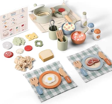 Wooden Play Cooking Set, Pretend Play Kitchen Accessories Toys Set for Kids Toddlers, Including Play Dishes, Pot and Pan, Utensils, Gifts for 3 4 5 Years Old Girls Boys - Image 1