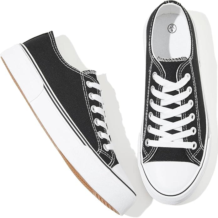 Adokoo Canvas Tennis Shoes for Women Low Top Casual White Black Sneakers for Women Lace Up Fashion Comfortable Walking Shoes - Image 1