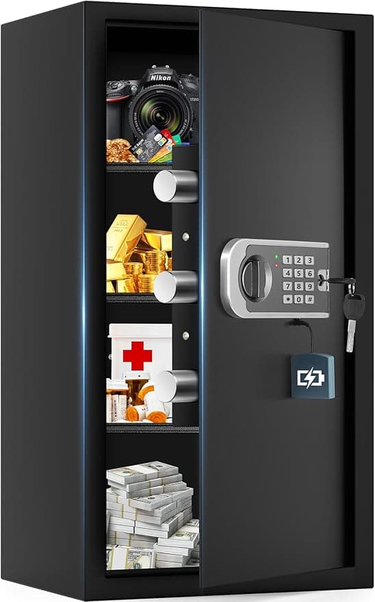27.56"H Steel Safe Box, 6.0 Cuft Home Safes with Fireproof Waterproof Bag, Digital Security Safes with Programmable Keypad Keys, Smart Alert, Mute Mode, Anti-theft Safety Box for Documents Valuables - Image 1