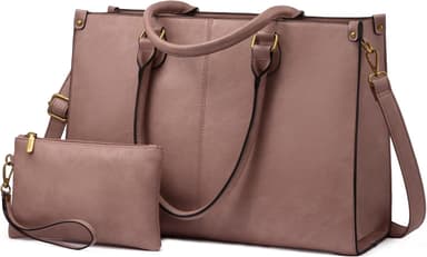 LOVEVOOK Laptop Tote Bag for Women, 15.6 Inch Large Capacity Vintage Leather Work Computer Bag, Business Casual Shoulder Handbag, Lotus Pink - Image 2