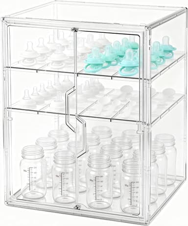 Baby Bottle Organizer, 3-Tier Bottle Storage for Countertop with Double Magnetic Doors, Clear Plastic Bottle Station Organizer with 2 Adjustable Dividers for Kitchen, Bathroom, Cabinet, Vanity - Image 2