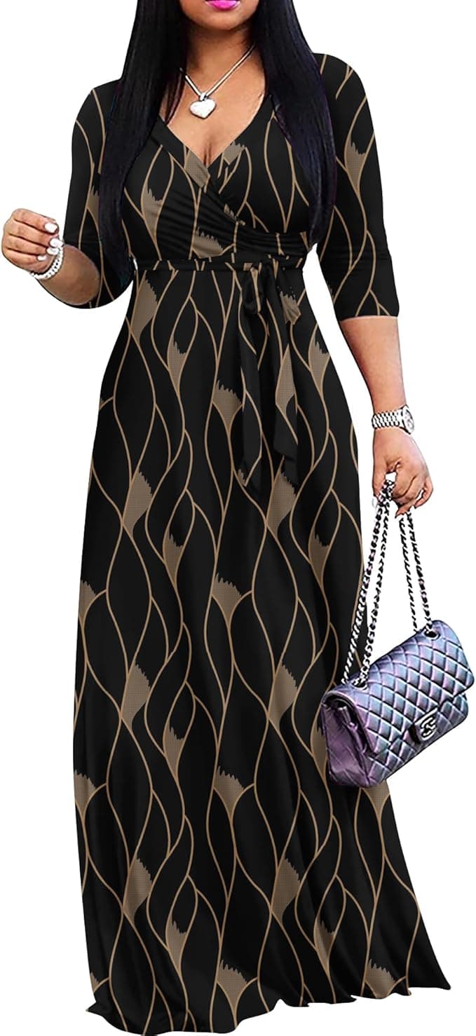 FANDEE Plus Size Maxi Dress for Women Casual Summer Sundress V-Neck 3/4 Sleeve - Image 1