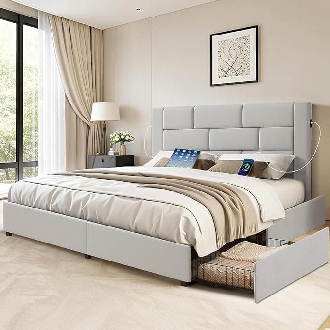 VECELO Queen Upholstered Bed Frame with 4 Storage Drawers, with Type A & C USB Charging Station and Velvet Headboard, No Box Spring Needed, Easy to Assemble, Light Gray - Image 1