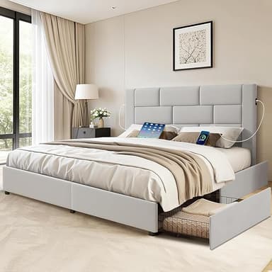 VECELO Queen Upholstered Bed Frame with 4 Storage Drawers, with Type A & C USB Charging Station and Velvet Headboard, No Box Spring Needed, Easy to Assemble, Light Gray - Image 1