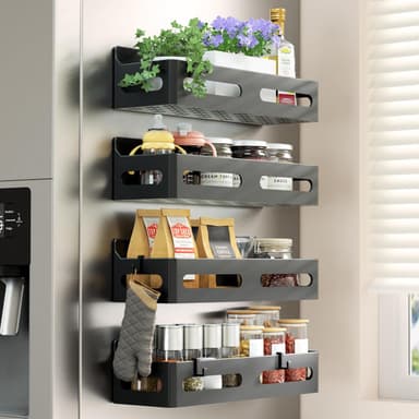 Sevenblue 4 Pack Strong Magnetic Spice Rack for Refrigerator, Multipurpose Magnetic Shelf for Fridge with 4 Hooks for kitchen and Bathroom Organization, Black - Image 2