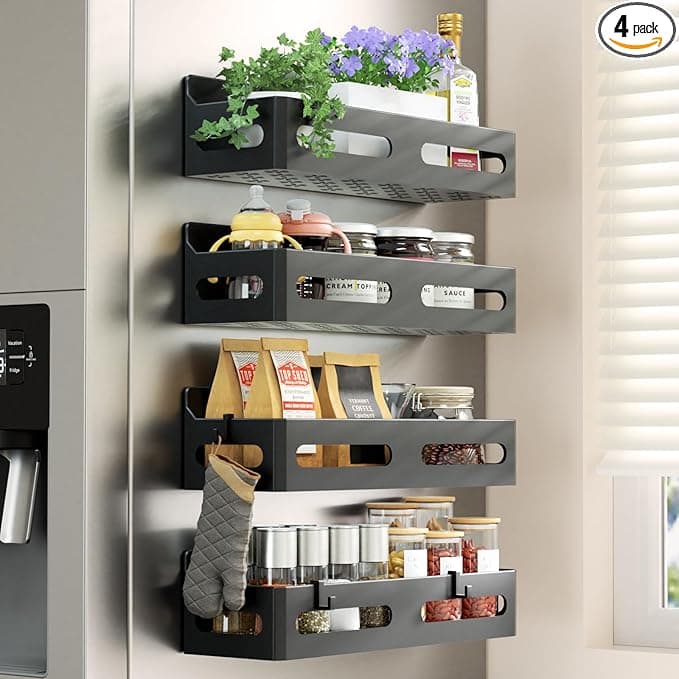 Sevenblue 4 Pack Strong Magnetic Spice Rack for Refrigerator, Multipurpose Magnetic Shelf for Fridge with 4 Hooks for kitchen and Bathroom Organization, Black - Image 1