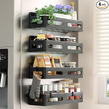 Sevenblue 4 Pack Strong Magnetic Spice Rack for Refrigerator, Multipurpose Magnetic Shelf for Fridge with 4 Hooks for kitchen and Bathroom Organization, Black - Image 1