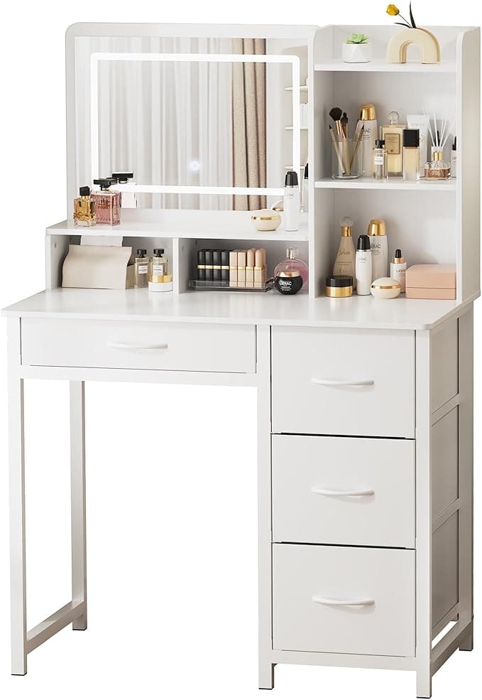Kitsure Vanity Desk with Mirror & Lights – White Makeup Vanity Table with Large Storage, 4 Fabric Drawers & 3 Lighting Modes, Sturdy Metal Frame Vanity Set for Bedroom, 35.1" x 17.2" x 52.1" - Image 1