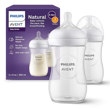 Philips Avent Natural Baby Bottles with Natural Response Nipples (Medium Flow, Flow 3), 9oz, 2-Pack, SCY903/02 - Image 1